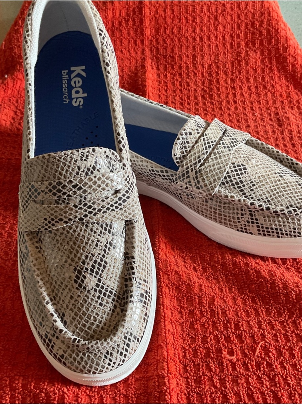 Keds Snake-Print Slip-On Loafers in Beige and White